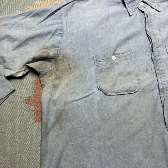 Vintage 1960s chambray work shirt Washington Dee Cee worn stained distressed XL - Picture 4 of 16